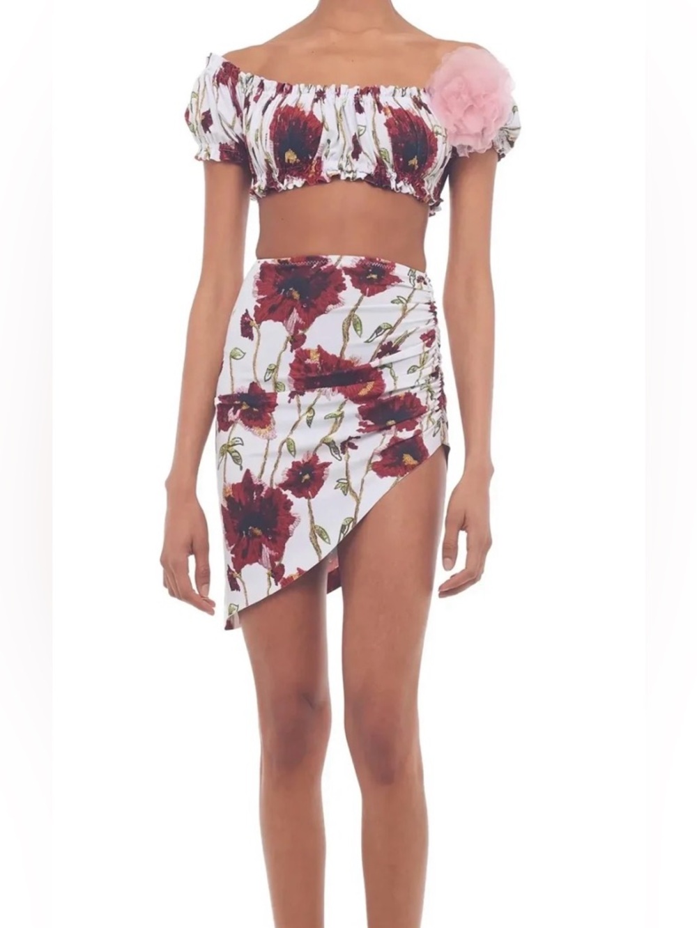 Norma Kamali White Wrap Skirt with Red Floral Print